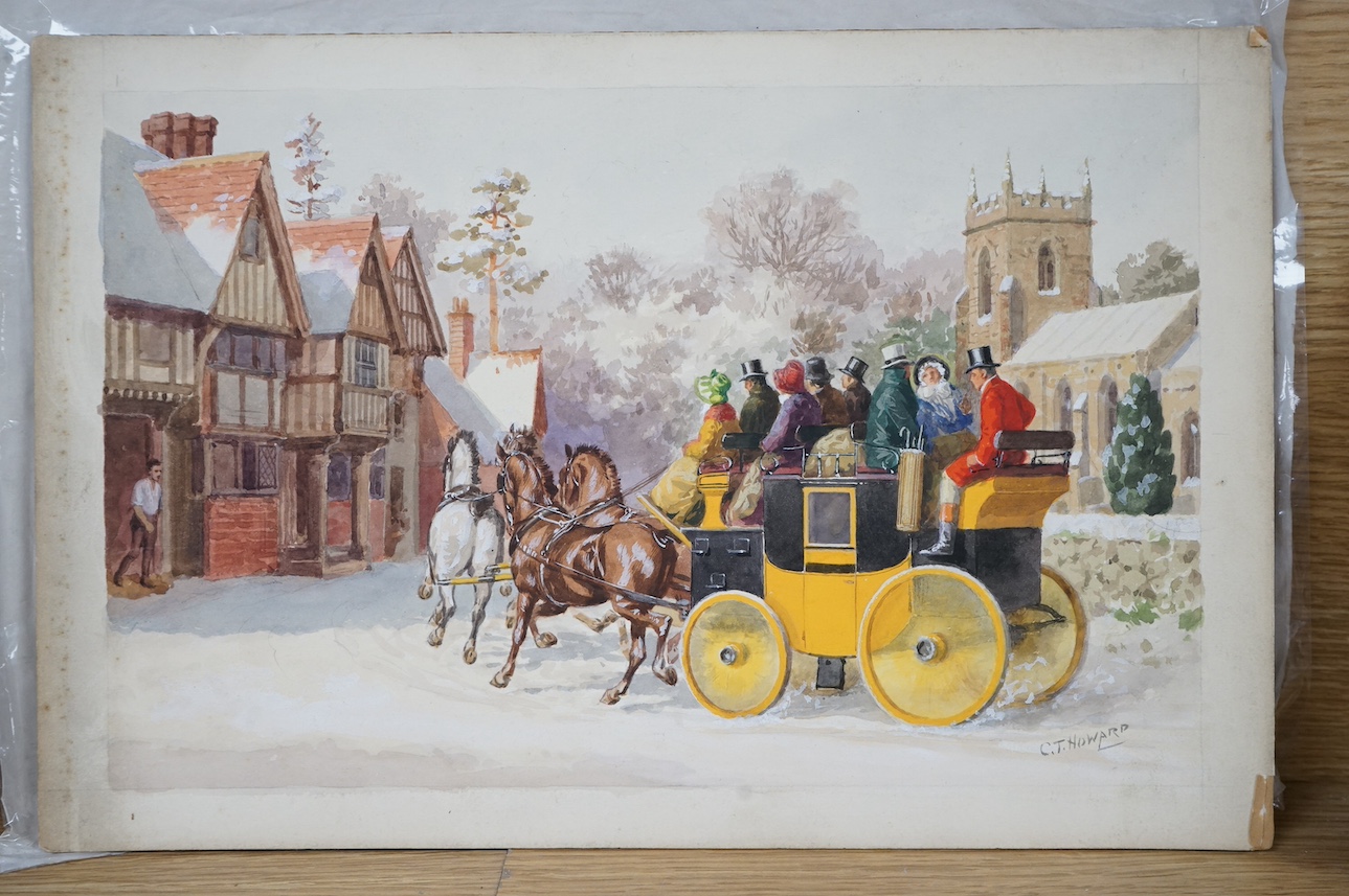 Charles Thomas Howard (1865-1942), a set of four original watercolours for Christmas card designs, Old English coaching inns comprising; ‘The George and Dragon, Kent’, ‘The White Swan, Gloucestershire’, ‘The Castle Inn,